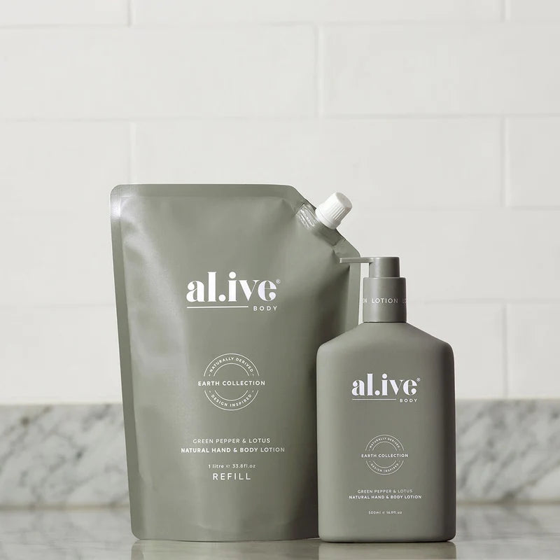 Alive Body Hand & Body Lotion Refill Pouch - Green Pepper & Lotus 1L