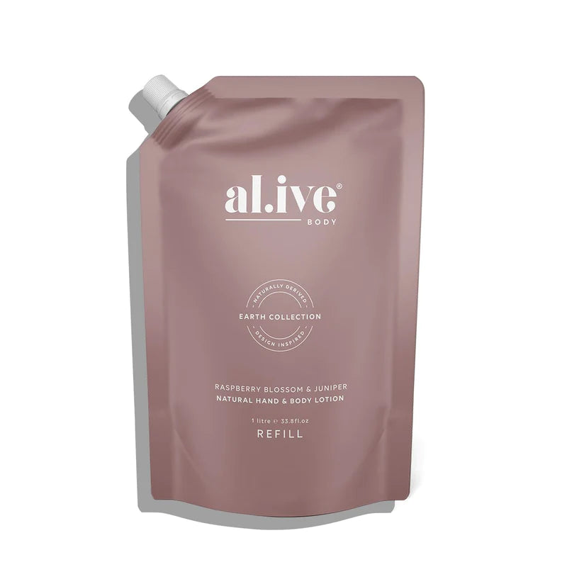 Alive Body Hand & Body Lotion Refill Pouch - Raspberry Blossom & Juniper 1L